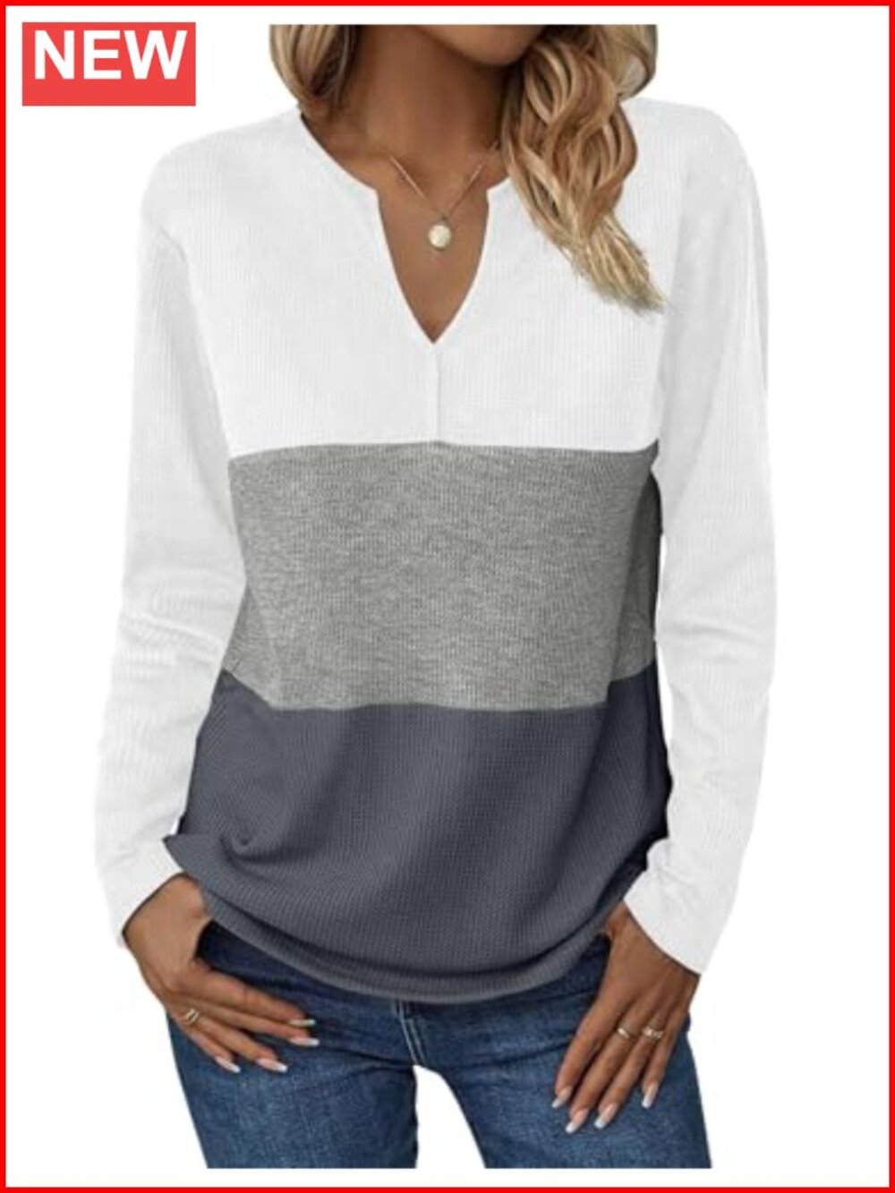 Zeagoo Waffle Knit Long Sleeve V Neck Tunic T-Shirt Casual Top